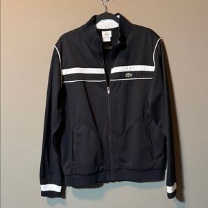 Lacoste Black Track Jacket with White Piping and Stripes